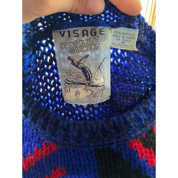 Vtg Visage Hand Knit Garment Men's‎ Chunky Ski Sweater Blue Geometric 80s - Picture 4 of 9